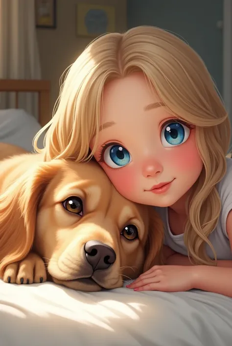 A close-up digital illustration of a young girl with long, wavy blonde hair, gazing directly at the viewer with bright blue eyes and a gentle smile. She is lying down with her face close to a golden-brown dog with a smooth coat. The dog has heterochromia, ...