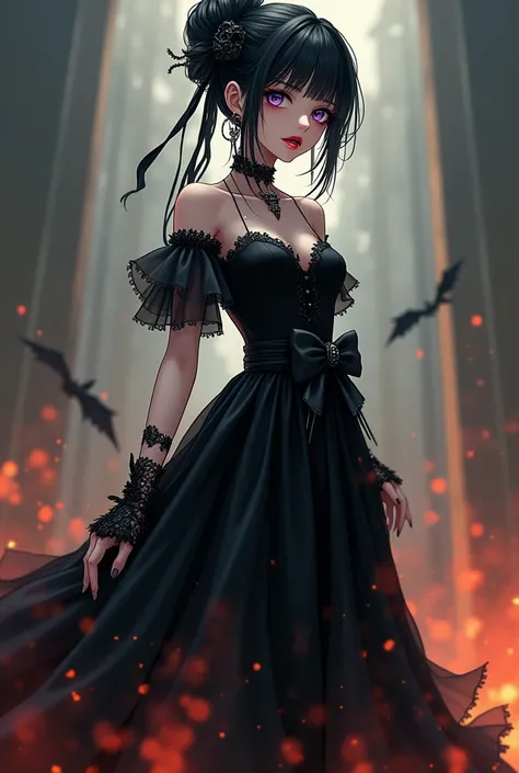 Appearance: pale skin, DARK purple eyes, Black hair tied in a voluminous bun with black and white ribbons around it, Her body is slim and her waist is flexible., Wears a lot of gothic makeup on her face, Your lips are big and red.

Clothes: Wears a long bl...