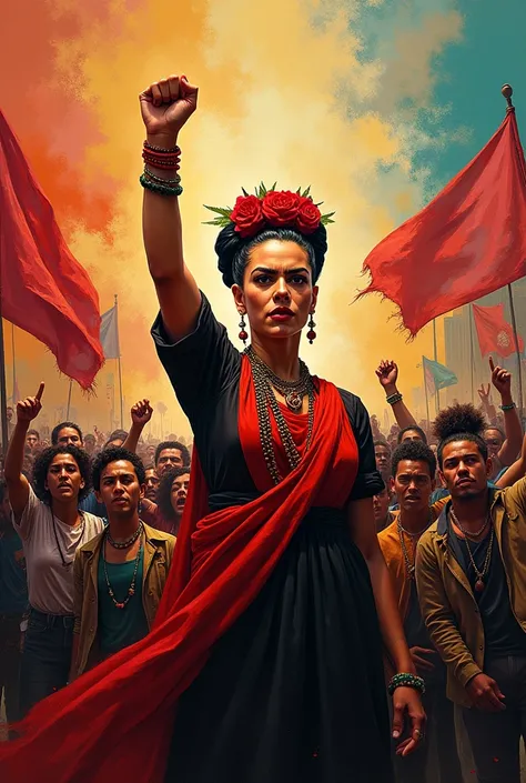 Frida Kahlo as an activist, revolutionary . With people around her and her as a feminist leader and with her hand raised as a symbol of struggle. Use bright and striking colors. 