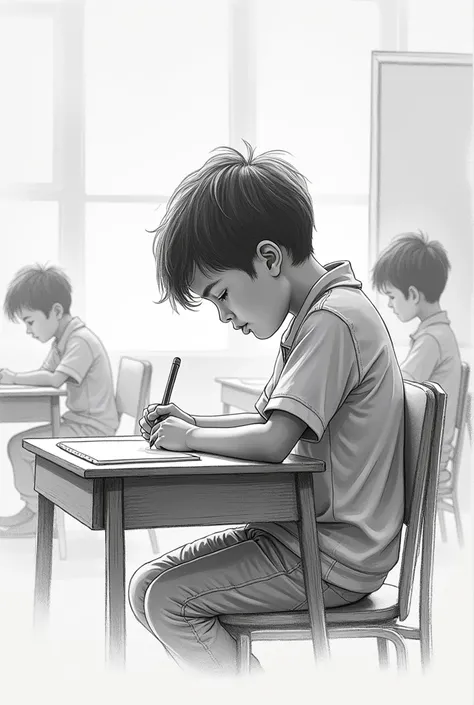 Side view drawing of a boy sitting in a classroom studying