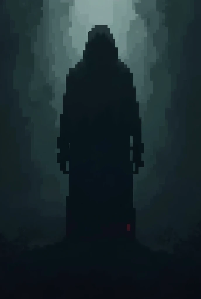 Create a pixelated shadow figure, like of a disturbing stalker man but Dont put much details 