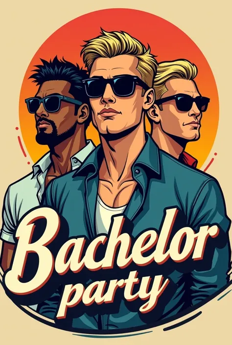 retro logo bachelor party, three guys with sun glasses, with the text "eliot, posh & yisus". One guy with brown skin and squared shirt, one tall white blond skinny guy, and one mexican guy