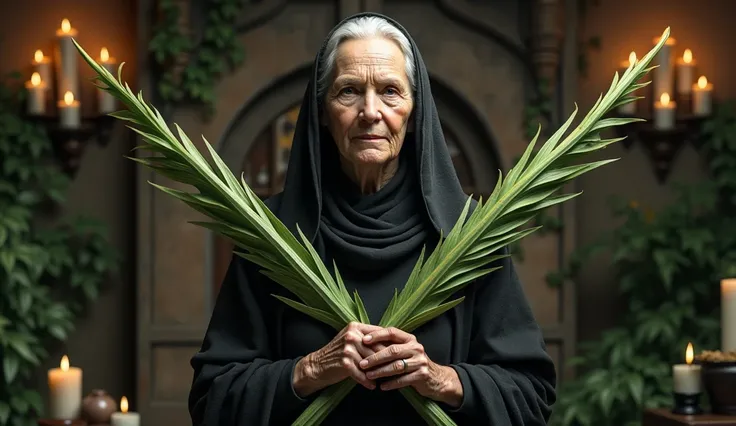 Elderly woman healer with a serious and firm face, transmitting a lot of firmness, ultra realistic image with two long plants in the shape of thin spears, crossing like an x in front of your chest. The plant is green with horizontal stripes of medium light...