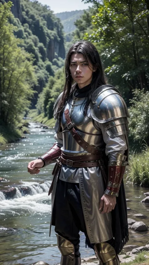 Make a medieval warrior looking at a river