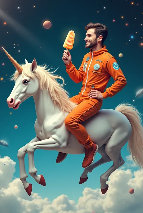 A man in an orange shirt eating a popsicle in the middle of space riding a unicorn 





