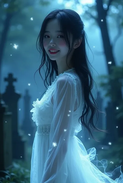 (((ghost)))、young woman、smile、(Beauty)、Japanese、cute、1、((My body is transparent))、Background night cemetery、Spirits flying all around、(best quality,4K,8k,highres,masterpiece:1.2),ultra-detailed,(realistic,photorealistic,photo-realistic:1.37),HDR,uhd,studio...