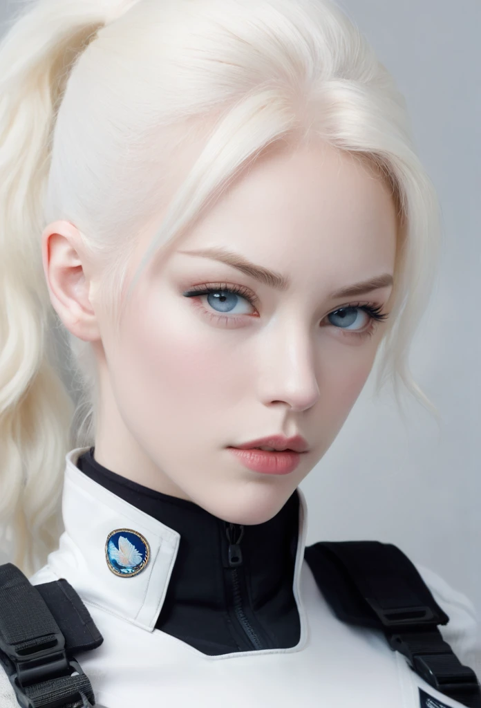 porcelain skinned woman, hair gathered in a ponytail, thin blonde eyebrows, White hair, very light blue eyes, small, upturned nose, almond eyes, black military tactical suit, beautiful albino woman, fluffy lips y rosados, fluffy lips, military special forc...