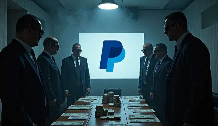 Realistic PayPal logo, in a scenario of a company with mafia businessmen, money laundering and corruption