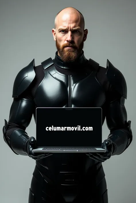 Young bald man with short brown beard, Caucasian dressed in black armor and with a laptop in his hand, on the laptop say celumarmovil.com
