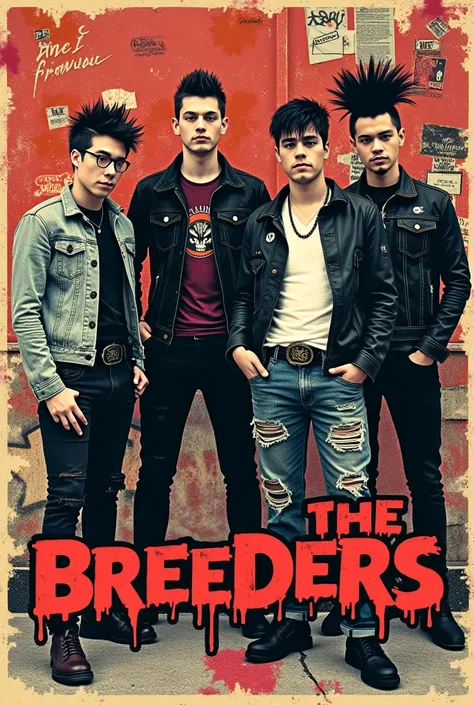 Create a band poster for a band called "The breeders" with a 90s punk style, members including Braden, Brandon, Devin and Kerry. 