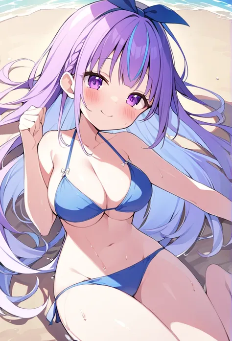 Minato Akua,Hololive,Purple Hair,Blue Hair,Purple eyes,Large Breasts,sexy、bikini、Hololive、smile、Be happy、Red cheeks、graduation、Goodbye、Idol、One Girl, Wet、Beach Bets、Lie