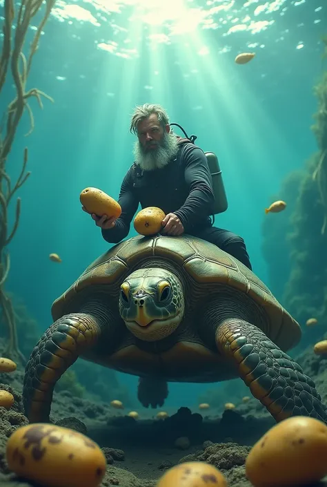 A man eating potatoes from the bottom of the sea riding a turtle 







