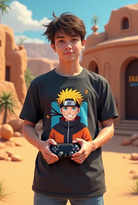 A  with Naruto T-shirt and a PS4 and controller in his hand has with fortnite background on his T-shirt must be Suna 