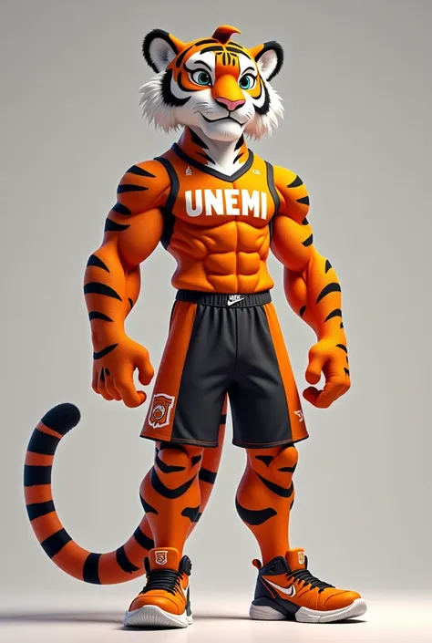 Give me an image of a tall tiger but with youthful features that doesn&#39;t look rough in orange and black colors for a university mascot and that wears sportswear that says UNEMI and Jordan-style shoes in the same color tone. 