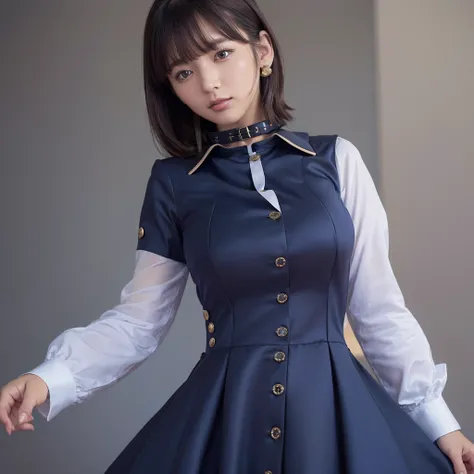 (high quality)、(High resolution)、(Big Breasts:1.3)、(A neat dress with a collar:1.5)、(A neat dress with buttons:1.2)