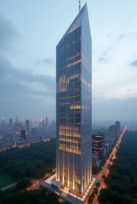 Make a 130 story skyscraper in NYC that is made out of stone and has huge windows that has long tiles that light up at night. Make it thinner and make the top into a pyramid like shape(only the top though). Make it more thinner and make sure the antenna at...