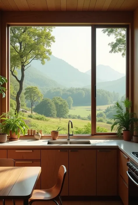 A kitchen with a sink and a large window behind it 