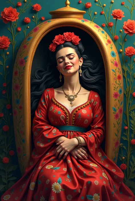 Frida Kahlo already in her urn with her eyes closed and her hair loose with an expression of happiness. Use bright and striking colors. 