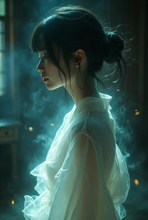 (((ghost)))、young woman、(Beauty)、Japanese、cute、1、((sexy))、(My body is transparent)、Background: Dim and old Japanese room、Open kimono、Unbuttoned Japanese clothing、Spirits flying all around、(best quality,4K,8k,highres,masterpiece:1.2),ultra-detailed,(realist...