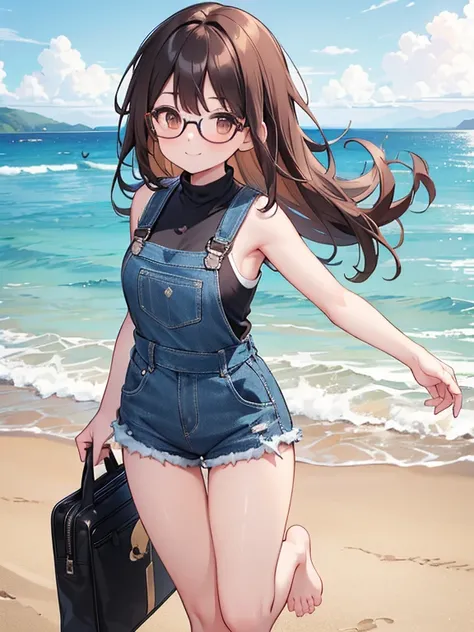 1 female、Brown hair、Brown eyes、Black frame glasses、seductive 、beautiful faces、perfect body。whole body, Best Quality、ultra detailed、8k resolution、photo and rude。Running on the beach。sleeveless shirt, barefoot, evening gown、denim shorts overalls。, a smile。sa...