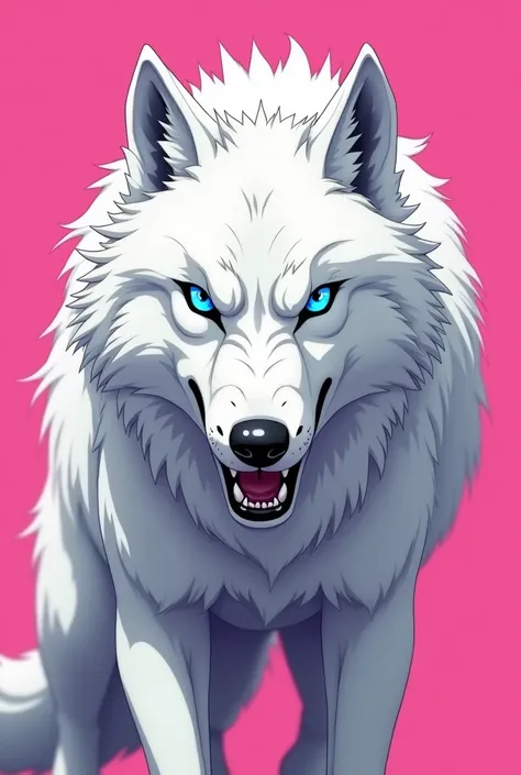  "I want a profile picture for my women&#39;s line. The image must have a wolf with an intimidating appearance, with bright blue eyes. The background must be pink, to create a strong contrast and highlight the white wolf anime style wolf 