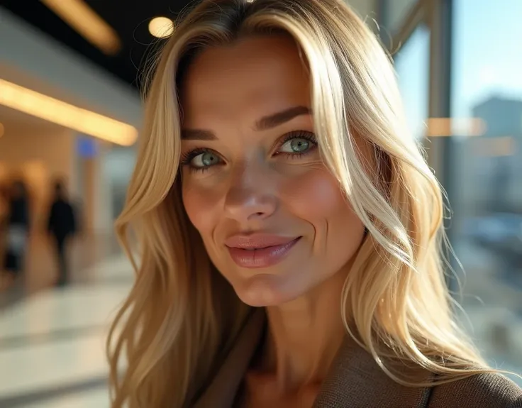 a woman in her 50s, long blonde hair, Blue-green eyes, shopping, face detailed, realisitic, photorealisitic, 8k, work of art, high qualiy, studio lighting, bright coloured, warm light, classy fashion, shopping mall interior, glass windows, Reflections, Cit...