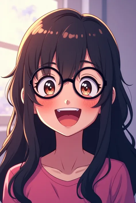 image for twich boy long wavy hair facing forward, with round black glasses,laughing animated anime