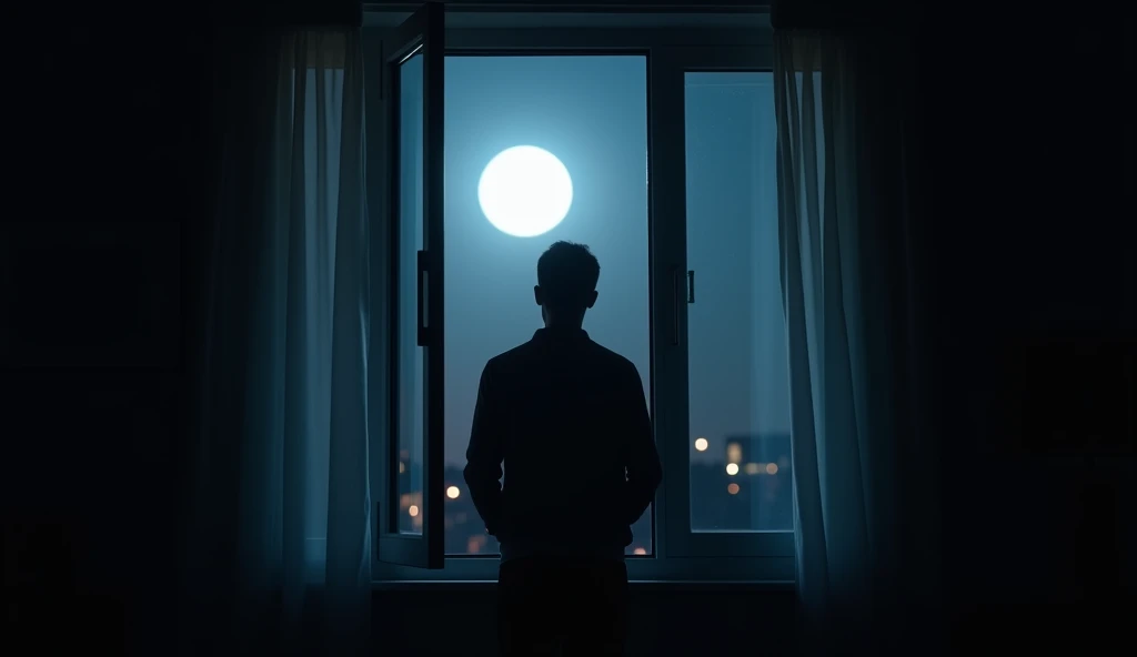 An image of a person opening a window to a moonlit night, letting fresh air and light into a dark room. The scene conveys a sense of renewal and openness to change, with the moonlight symbolizing new opportunities. --ar 16:9