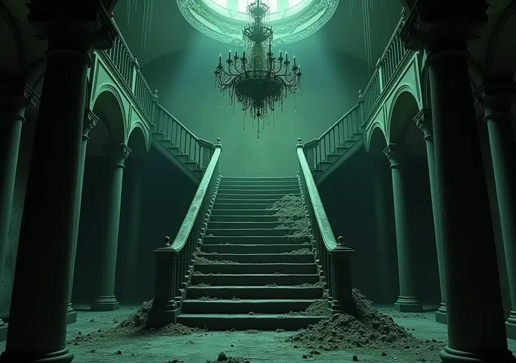 entrance hall of a dark old and destroyed mansion, Gothic style, the entrance hall should contain a staircase leading to the second floor and a huge chandelier right in the center, must not contain people in the image, the image must have shades of green