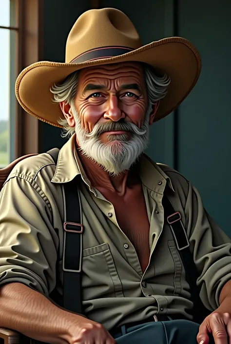 A middle-aged country gentleman with a straw hat sitting in a chair, gazing at viewer, close-up, アニメ, アニメ style, motion blur, Action painting, Pop art, sideways, cinematic lighting, Hyperrealism, uhd, high details, super detail, anatomically correct, accur...