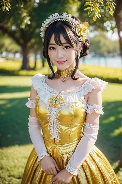 (nsfw), sexy golden Thai princess, only 1 female, ((doll-like appearance)), short Teal stylish hair, ((shiny Victorian-Style boots)), (big smile), ultra detailed eyes, vivid eye makeup, lipgloss, long lashes, defined eyebrows, ((sexy Paradise Kiss cosplay)...