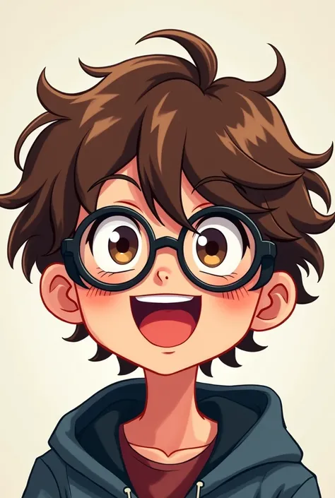 image for twich boy long wavy hair with bangs , with round black glasses,laughing animated anime eyes black color 