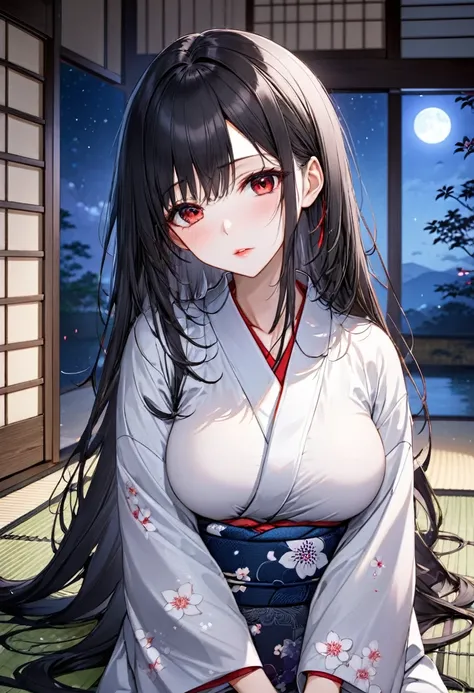 (Lonely style), (solo:2, 18 yo), (beautiful detailed straight Hair) (beautiful detailed black hair long hair), (immensely beautiful cool girl) (beautiful cool red eyes) (sad face) (glossy lip) (big tits, beautiful best body), in a white simple yukata, brea...