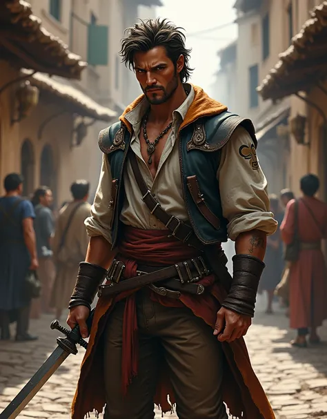 1man swashbuckler duelist rogue medieval southerneuropean raggedclothes rapier dagger  smirking cocky