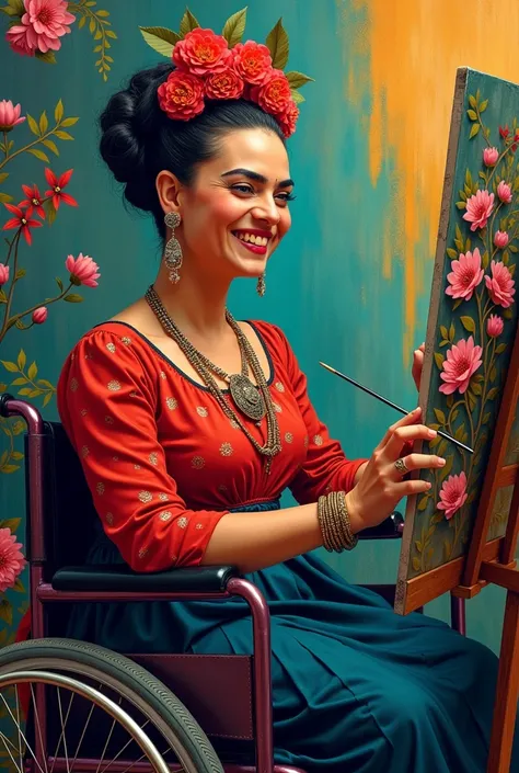 Frida Kahlo smiling, painting from his wheelchair. Use bright and striking colors 