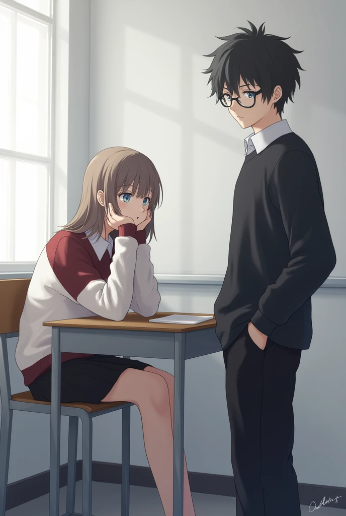 in a class room,There are two people sitting,one in one corner and the other in another,One is a teenage girl, light blue eyes,by the wide ,white,burgundy sweater,black skirt,sitting alone at the desk in the corner of a classroom and looking out the window...