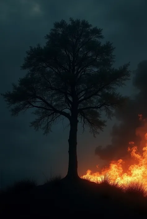 A movie poster, with a tree on the black background, flames on the edges of the poster,  water drops and winds around 