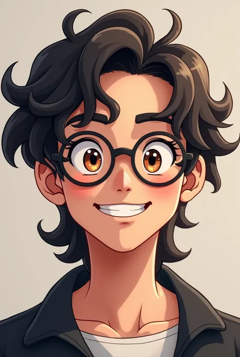 avatar for twitch boy long wavy hair with bangs , with round black glasses,laughing animated anime eyes black color