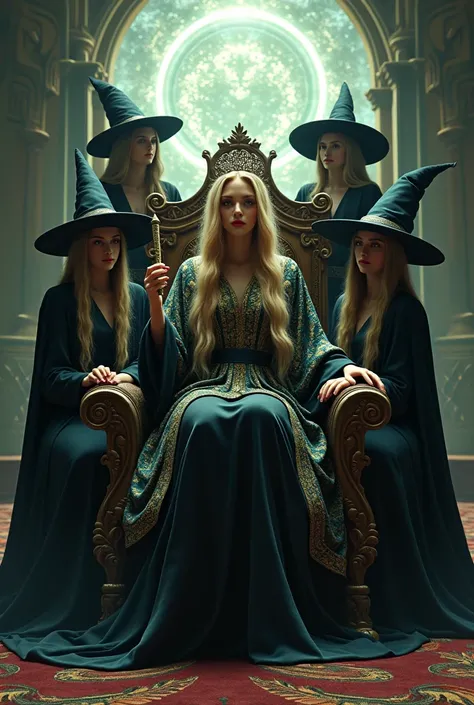 5 women dressed as witches, only the second woman is blonde, with a long tunic of different colors, with a setro in her hand, with her crown on her head, perched on a beautiful throne, behind her she has a portal open to another dimension.