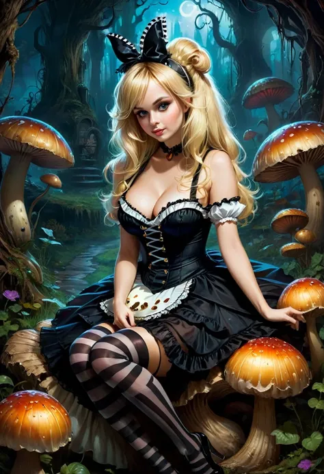 A dark gothic Alice in Wonderland, a beautiful 20 year old blonde woman with big messy hair in a tattered sheer black dress, white stripe stockings, black headband, cleavage, holding a glowing mushroom, sitting on a giant mushroom, dark fantasy art style, ...