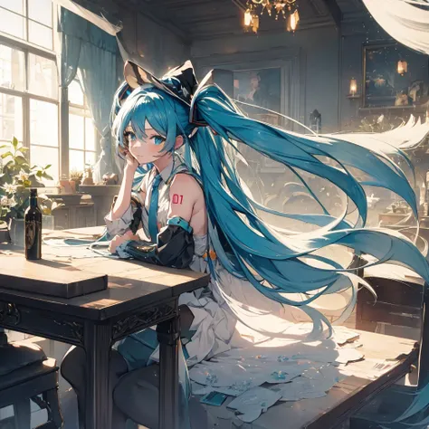 a beautiful detailed girl with long blue hair, Hatsune Miku, wearing a witch hat, sitting at a table playing a tabletop RPG, rolling dice, intricate details, fantasy, magical, warm lighting, vibrant colors, photorealistic, 8k, hyperdetailed