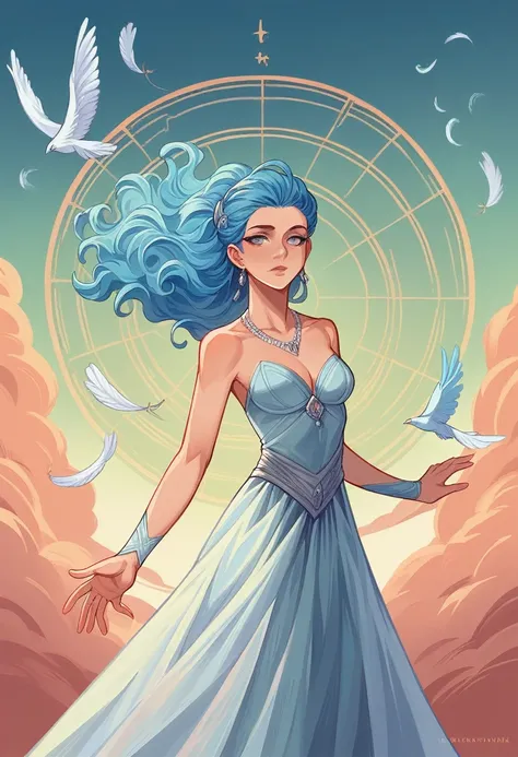 Zephyr Stormwhisper, Wind Witch
Age: 19
Appearance: Slender and ethereal, flowing pale blue hair, gray eyes 
Attire: Light and vaporous dress in shades of blue and gray, decorated with feathers and air symbols
Main color: Sky blue, comics 、2019s, fantasy, ...