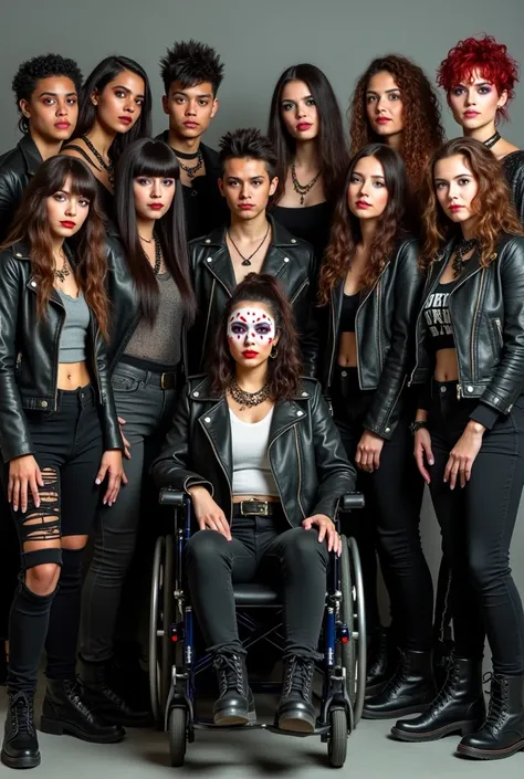 a group of 19 people with different ethnicities, heights, being between 18 and 2, one of them being a woman in a wheelchair.  The drawing should show them all wearing punk and grunge style clothes.. with makeup on the eyes and face. one of them must have h...