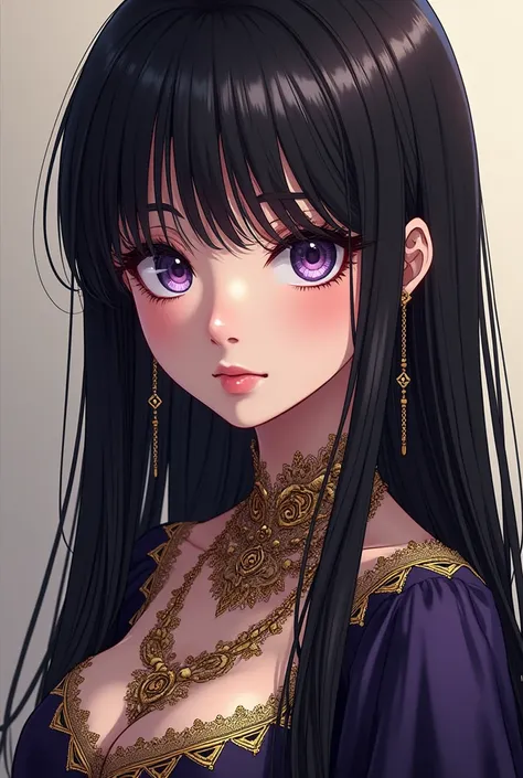 The image would be a manga style illustration of a young girl with long, straight hair., dark eyes and a delicate face, wearing an elegant Renaissance dress with intricate details, similar to those seen in the series "Black Butler". The young woman&#39;s e...