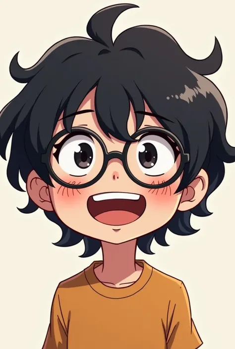 emote for twitch boy long wavy black hair with bangs , with round black glasses, laughing animated anime eyes black color