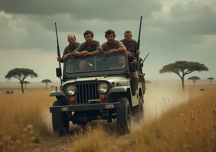 A group of hunters in a jeep crossing the savannah in Africa .grimdark. fear.