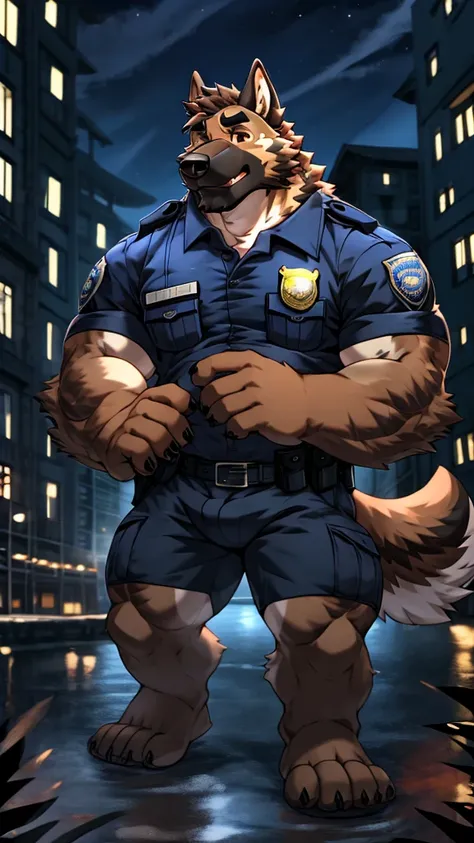 anime style, aid210, nj5furry, ((whole body)), ((police uniform)), standing, ((plump middle-aged german shepherd man)), break ((...