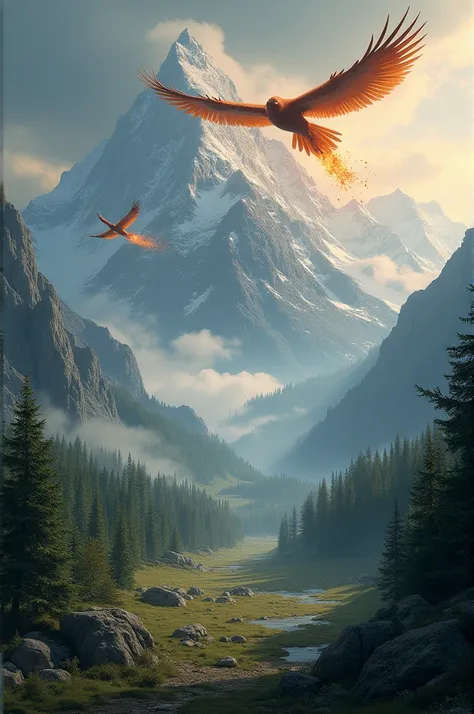 Horizontal scenario with a fantastic medieval theme,with mountains, forest and giant birds releasing a trail of fire at the top