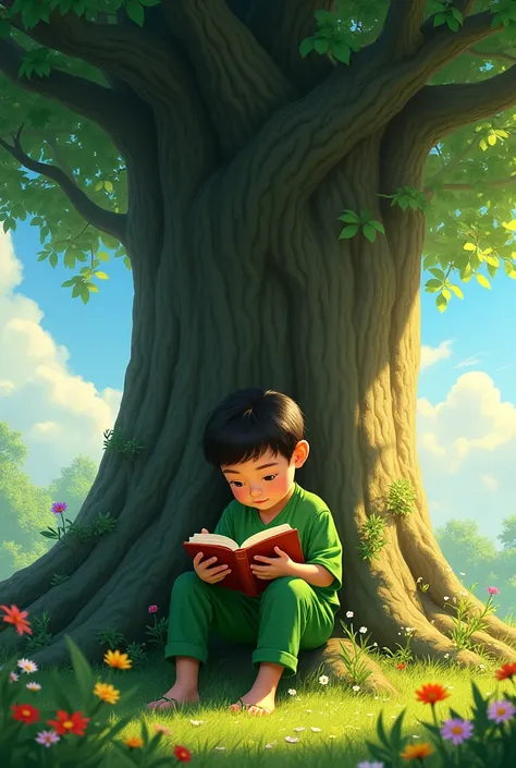 A movie poster, with a tree in the background , and a boy wearing green clothes sitting on her trunk reading a book, and surrounded by flowers