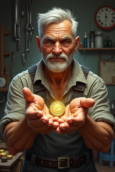 "A realistic and detailed illustration showing a hardworking person holding a shiny coin or bill. Hands should look strong and calloused, reflecting years of hard work. The background should suggest a workshop or tools, highlighting the work environment. 